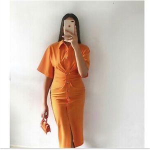 Zara Button Front Gathered Short Sleeve Shirt Midi Dress Orange Size Small